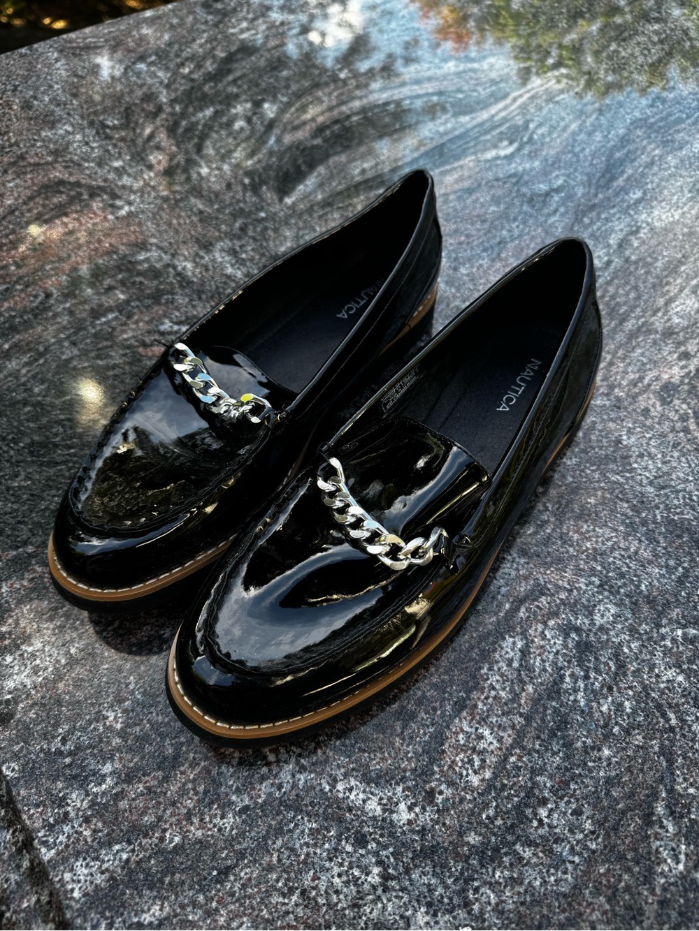 Nautica Women's Black Patent Loafers with Silver Tone Chain Accent
